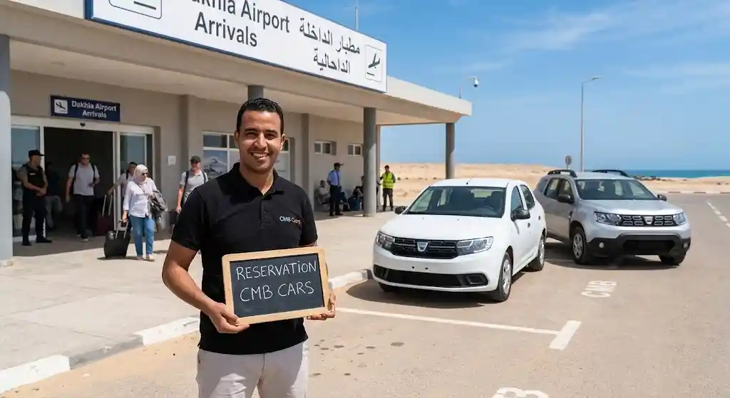 Une voiture compacte blanche et un SUV de location garés côte à côte face à la lagune de Dakhla, sans plaque d'immatriculation.