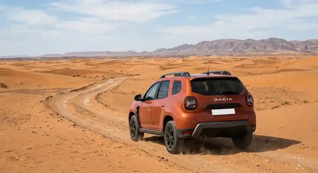 Un Dacia Duster 4x4 de location garé dans le désert de Dakhla sans plaque d'immatriculation, idéal pour explorer les pistes de la lagune.
