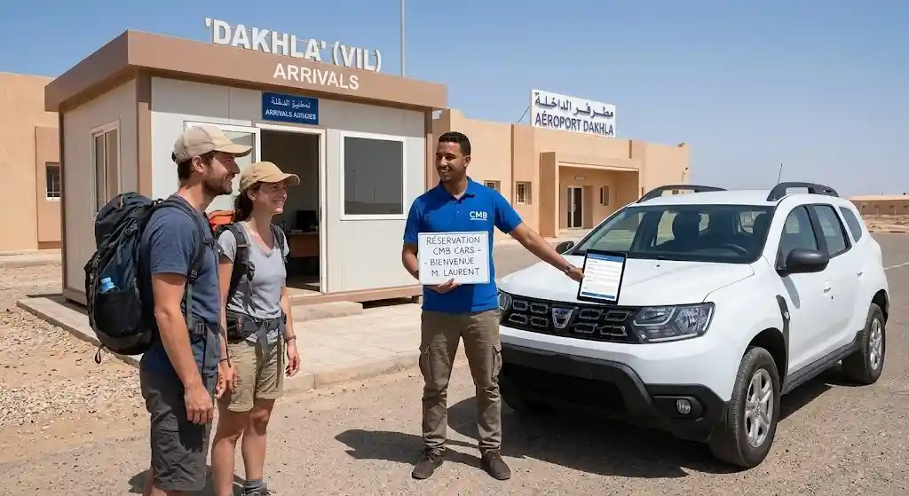 Un agent local remet directement les clés d'une voiture de location blanche sans plaque à un voyageur dès son arrivée à l'aéroport de Dakhla.